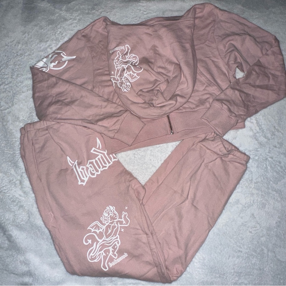 badwood angel/devil pink matching zip up hoodie & joggers size small/medium